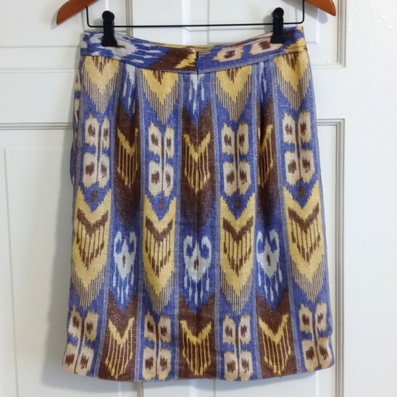 💛Tory Burch💛 - Blue/Brown/Yellow Jemima Ikat Linen Blend Skirt - Picture 3 of 10